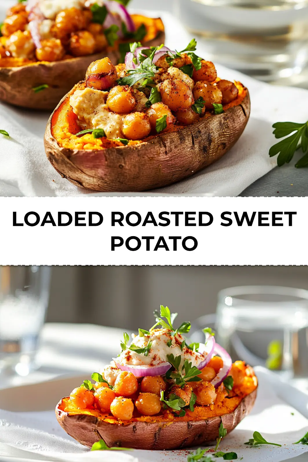 Finished Loaded Roasted Sweet Potato served with herbs and toppings in a styled Pinterest image