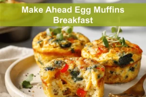 Make Ahead Egg Muffins Breakfast three golden muffins with melty cheese peppers spinach bacon and sausage