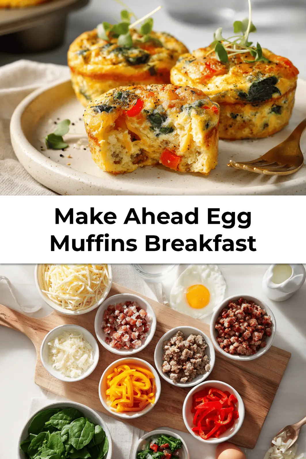 Pinterest-ready photo of make-ahead egg muffins breakfast with golden egg tops, cheese, bacon, and bell peppers on a serving platter