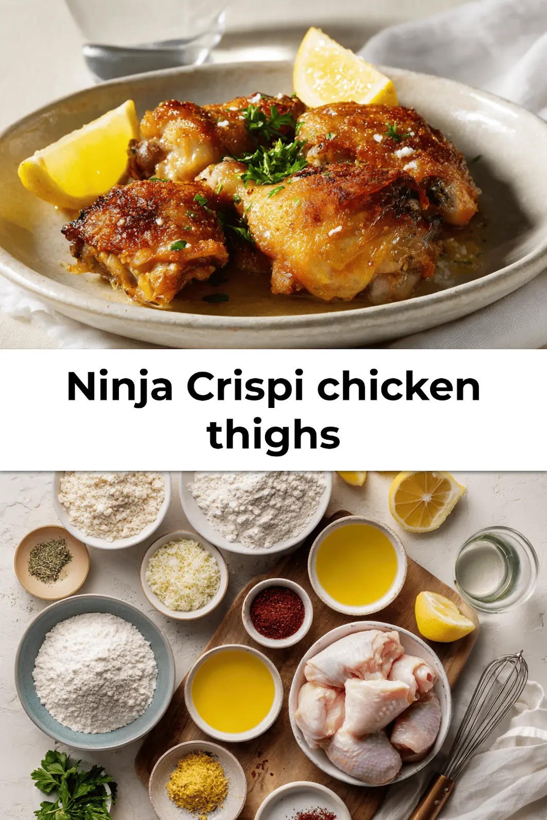 Cooked Ninja Crispi chicken thighs with golden brown crispy skin ready to serve on a white napkin background