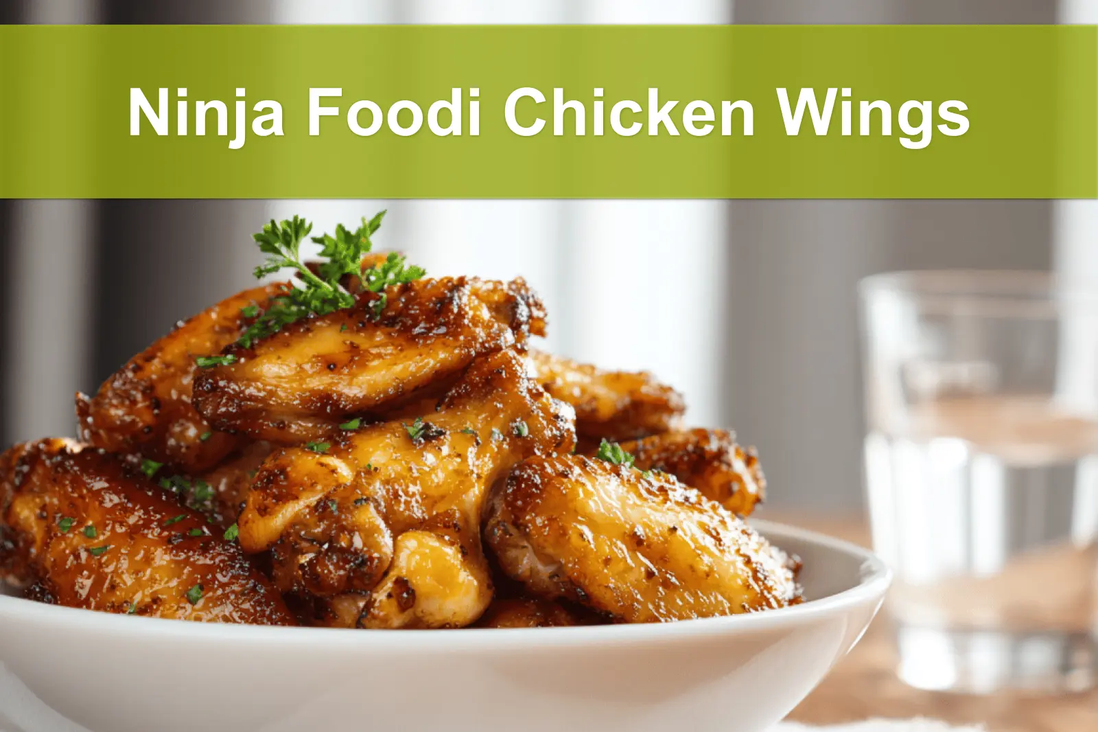Ninja Foodi Chicken Wings on white napkin with clear glass of water and golden glaze