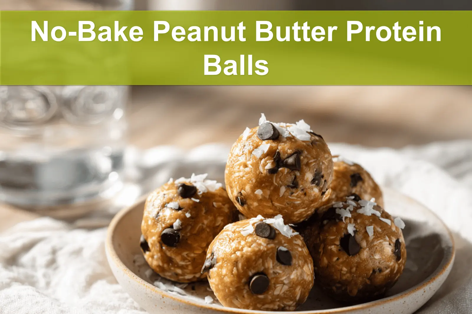No-Bake Peanut Butter Protein Balls close up on plate with coconut and mini chocolate chips