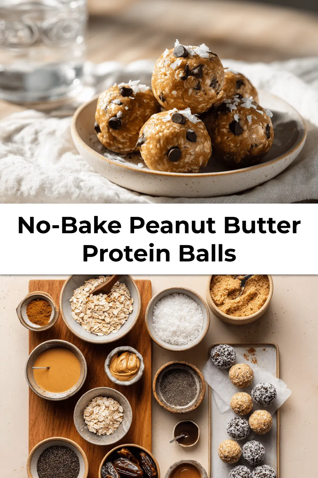 Plate with rolled No-Bake Peanut Butter Protein Balls topped with shredded coconut and chocolate chips