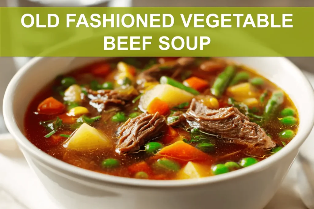 OLD FASHIONED VEGETABLE BEEF SOUP top-down bowl warm comforting stew with shredded beef and vegetables
