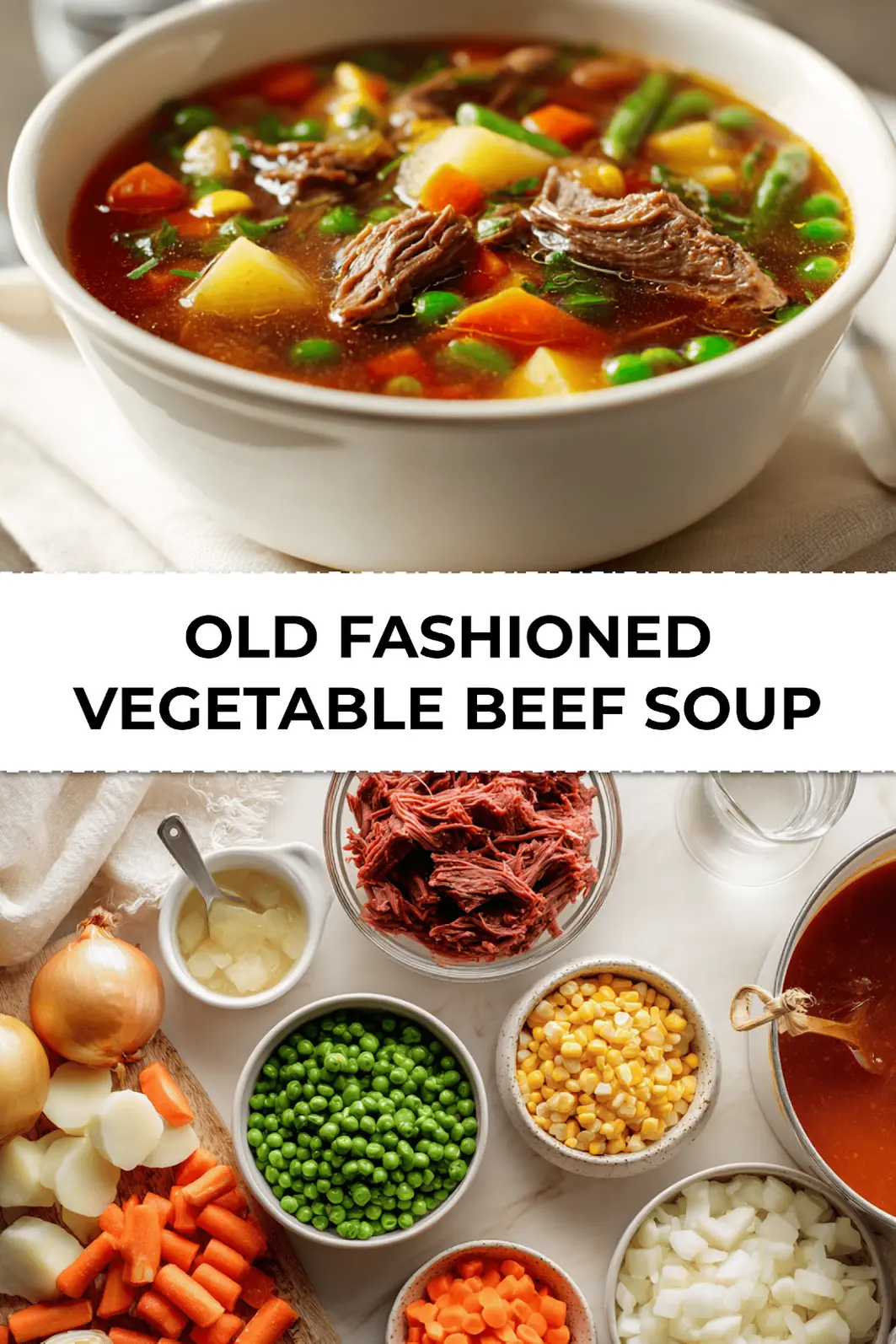 Hearty old fashioned vegetable beef soup served with carrots, beef, and potatoes in rustic bowl