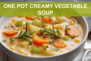 ONE POT CREAMY VEGETABLE SOUP overhead bowl with herbs chickpeas and warm creamy broth