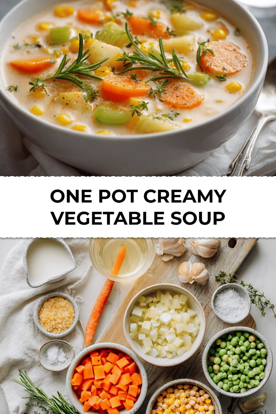 One pot creamy vegetable soup in a bowl with chickpeas, corn, peas, herbs, and creamy broth Pinterest image