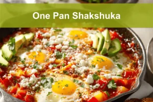 One Pan Shakshuka overhead skillet vibrant eggs tomato sauce herbs melted cheeses and bread