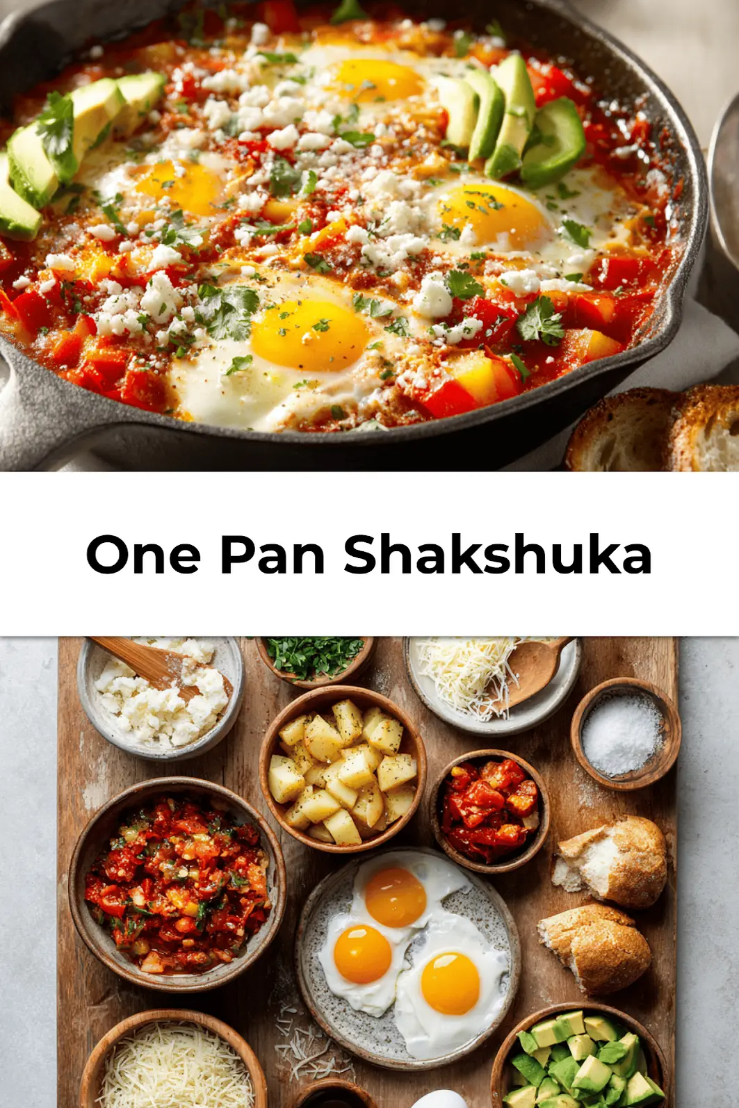 Finished One Pan Shakshuka served in skillet with herbs, bread, and runny poached eggs