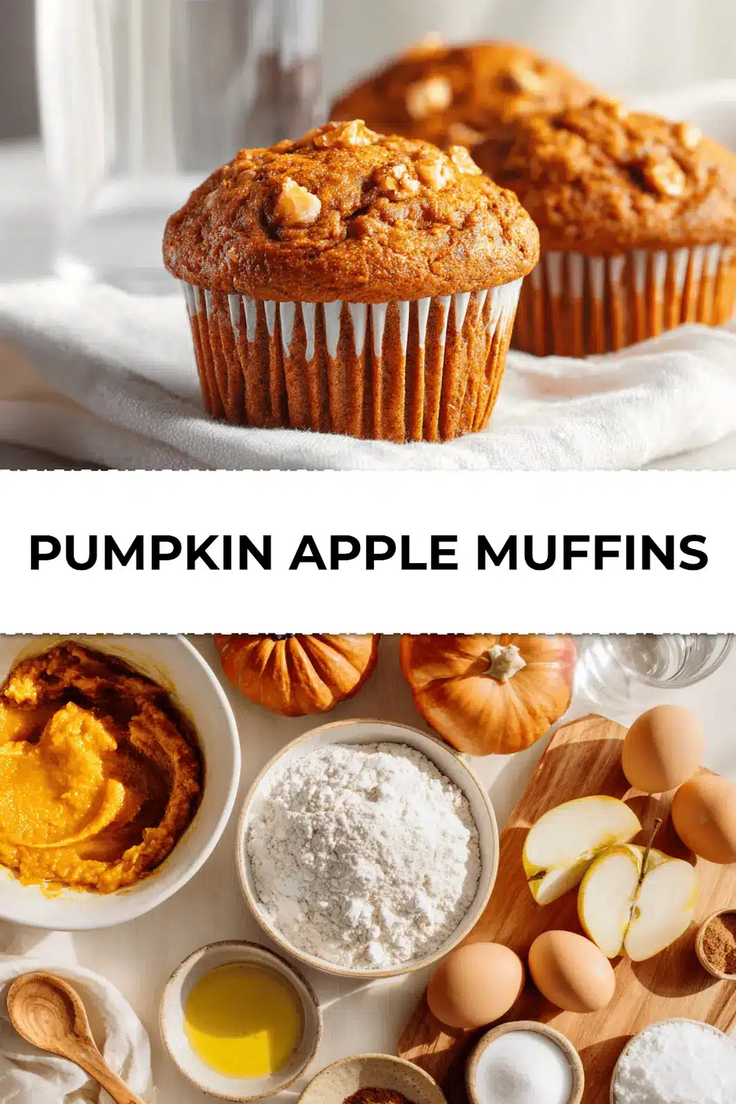 Freshly baked pumpkin apple muffins stacked on a white plate with cinnamon sticks and fall leaves, styled for Pinterest sharing