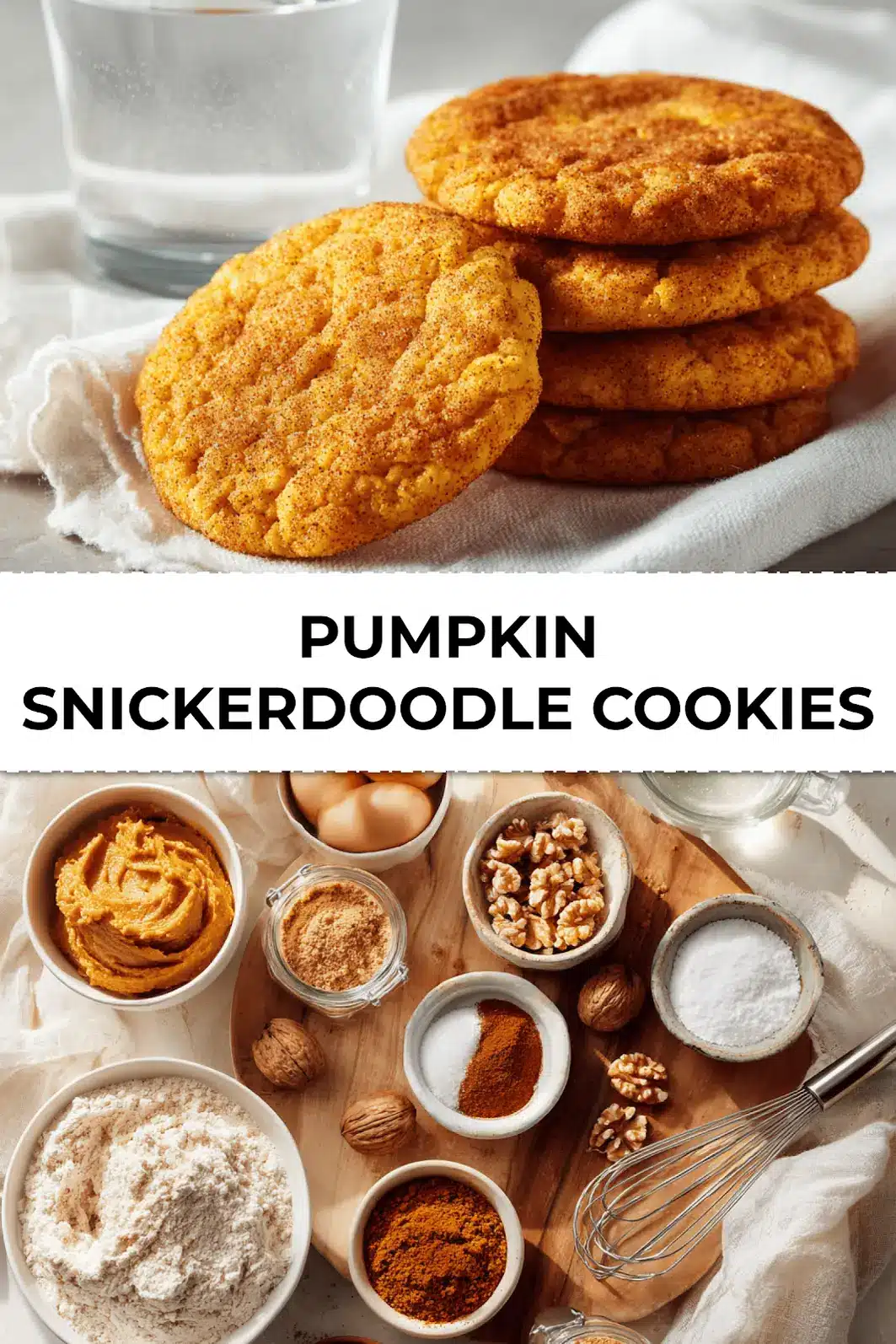 Plate of spiced pumpkin snickerdoodle cookies stacked with cinnamon and fall leaves in the background, perfect for holiday baking