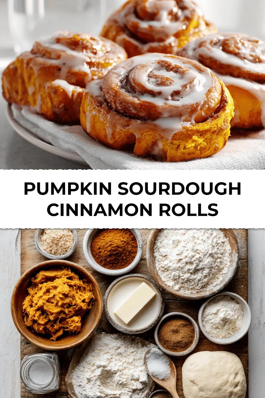 Pumpkin sourdough cinnamon rolls sliced and glazed on plate for Pinterest pin