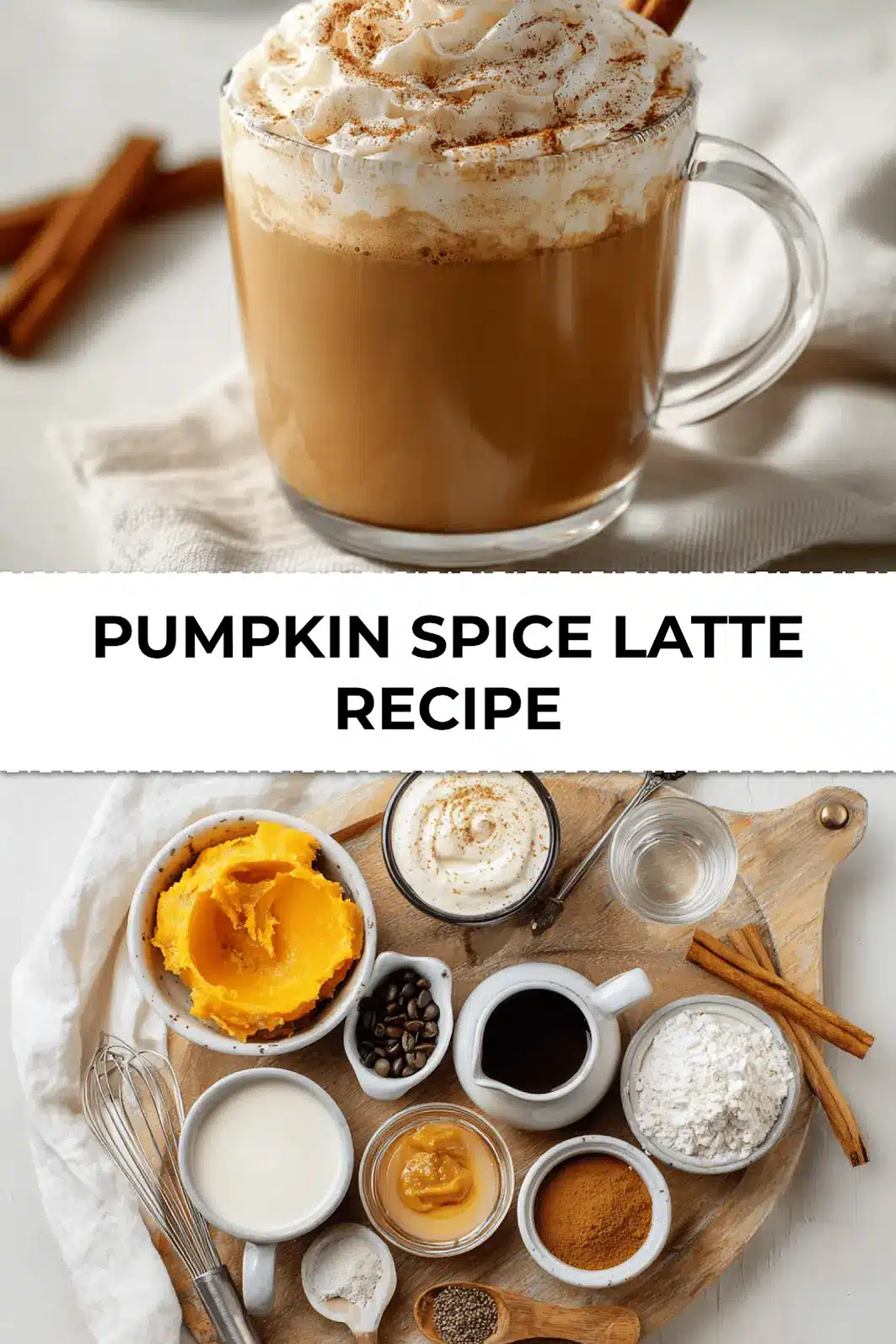 Finished pumpkin spice latte recipe topped with milk foam, whipped cream, and cinnamon stick autumn drink