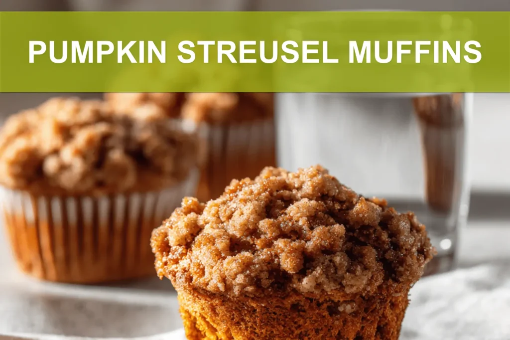 PUMPKIN STREUSEL MUFFINS on white cloth with clear glass of water warm light