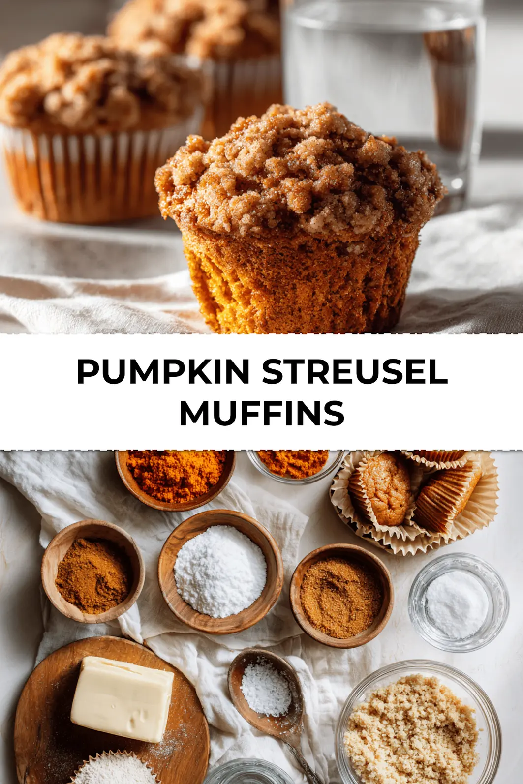 Tray of Pumpkin Streusel Muffins on kitchen counter with cozy fall lighting