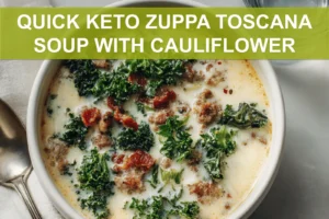 QUICK KETO ZUPPA TOSCANA SOUP WITH CAULIFLOWER creamy Italian sausage kale bacon bowl top-down hero