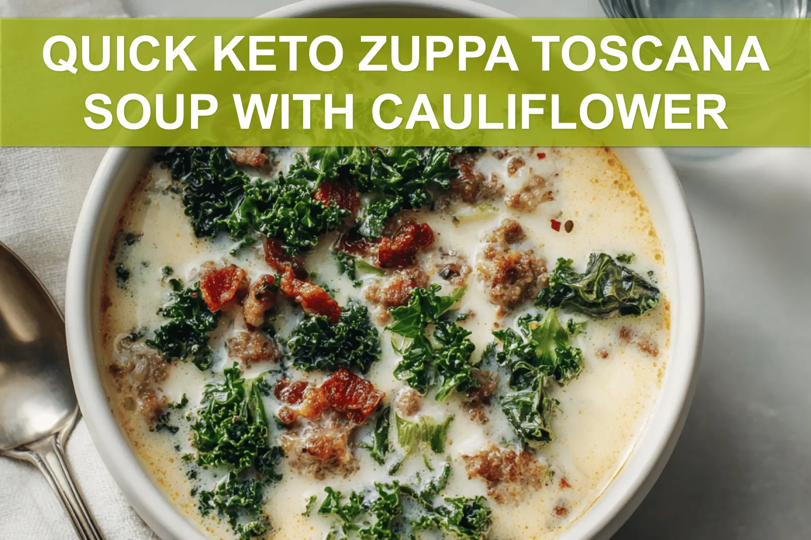 QUICK KETO ZUPPA TOSCANA SOUP WITH CAULIFLOWER creamy Italian sausage kale bacon bowl top-down hero