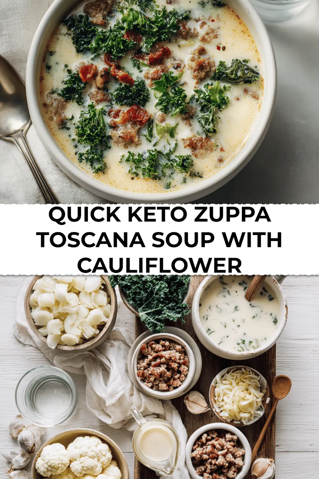 Finished Quick Keto Zuppa Toscana Soup with cauliflower and bacon served in a cozy bowl