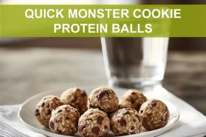 QUICK MONSTER COOKIE PROTEIN BALLS on white cloth napkin close up warm natural light appetizing