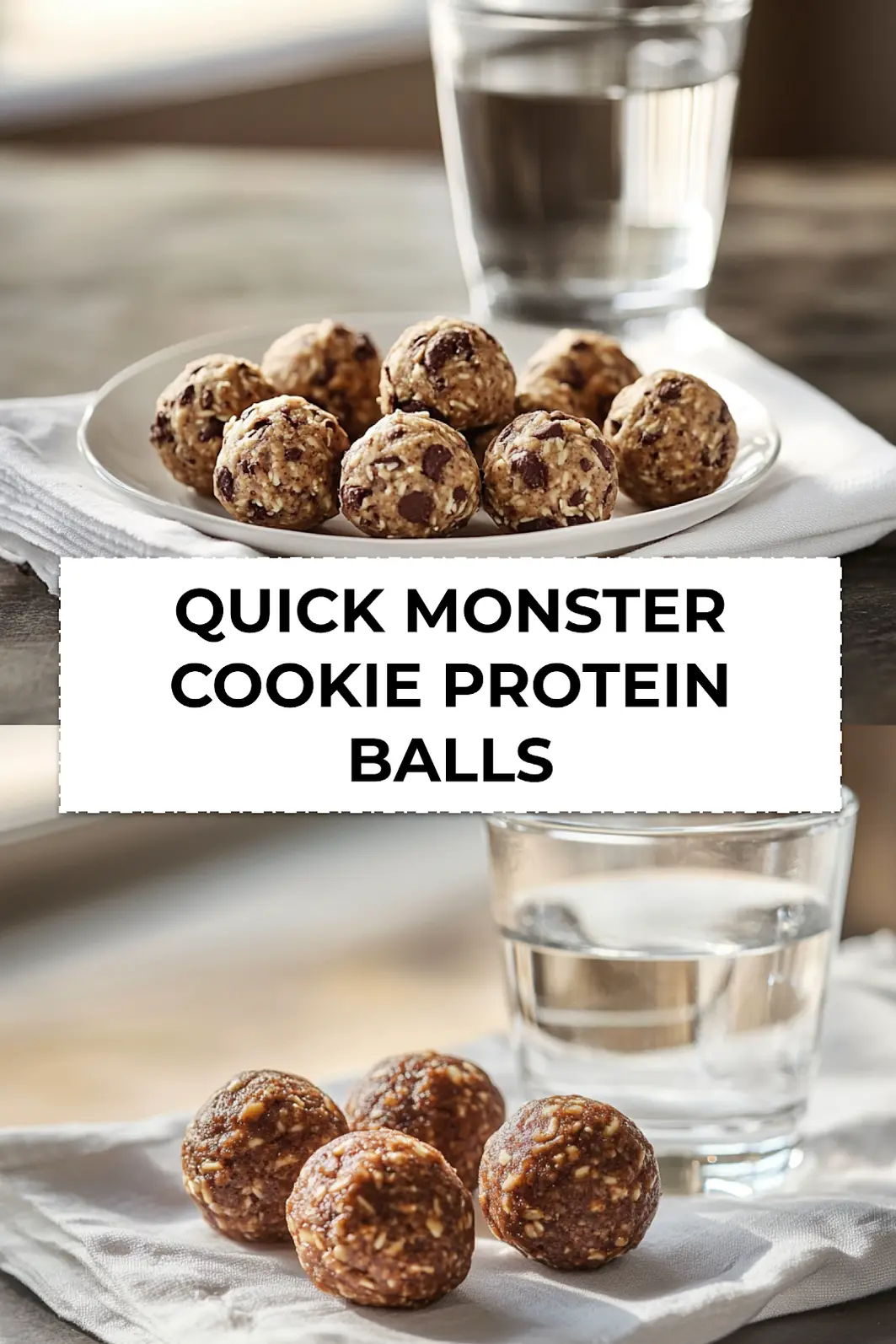Finished QUICK MONSTER COOKIE PROTEIN BALLS plated on napkin with warm lighting Pinterest image
