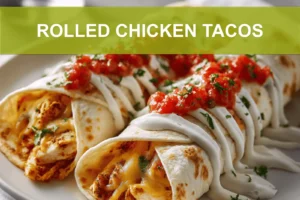 ROLLED CHICKEN TACOS with shredded chicken soft white cheese colby jack and red salsa