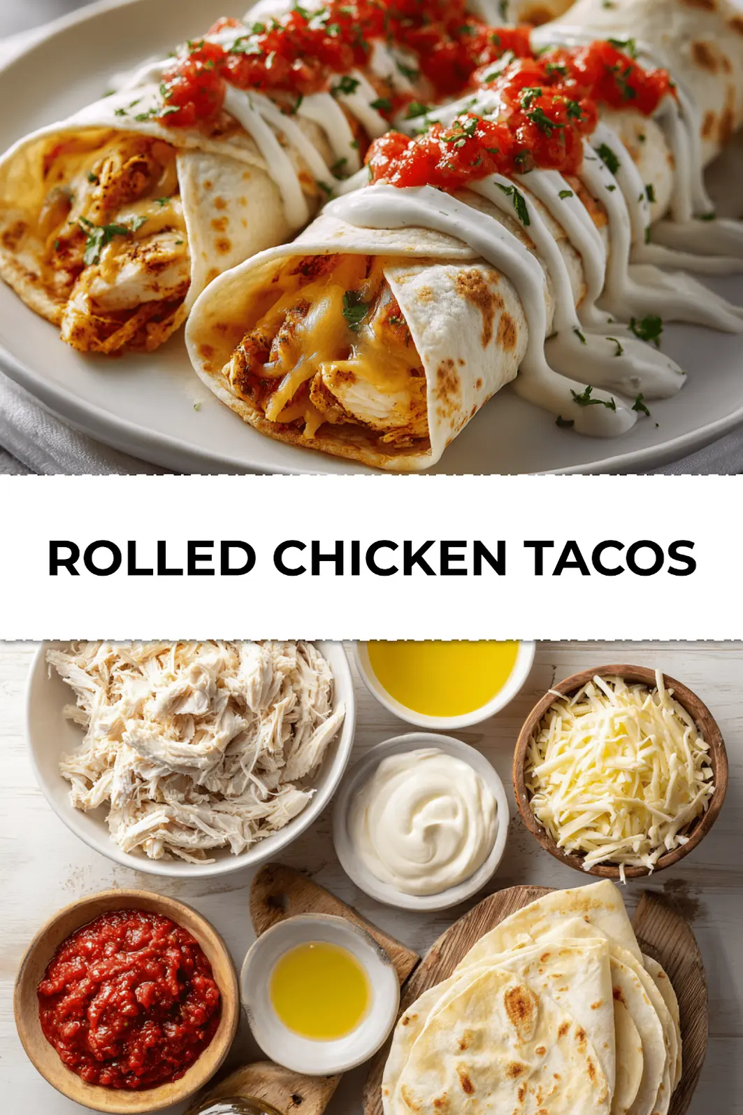 Close-up of finished baked rolled chicken tacos with golden crispy tortillas and melted cheese