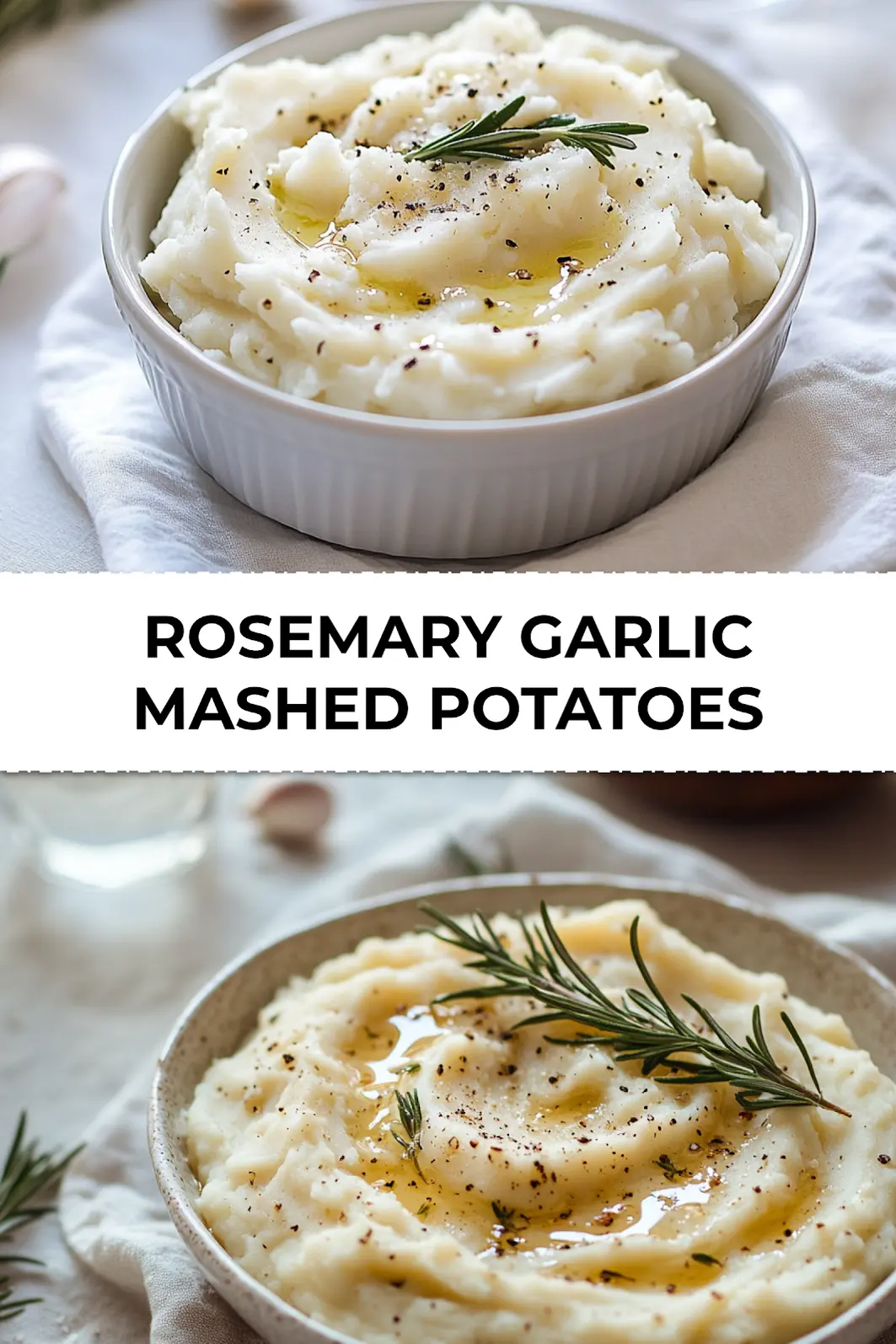 Finished rosemary garlic mashed potatoes topped with rosemary garnish on white serving dish