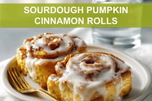 SOURDOUGH PUMPKIN CINNAMON ROLLS glazed rolls on white cloth with clear water glass