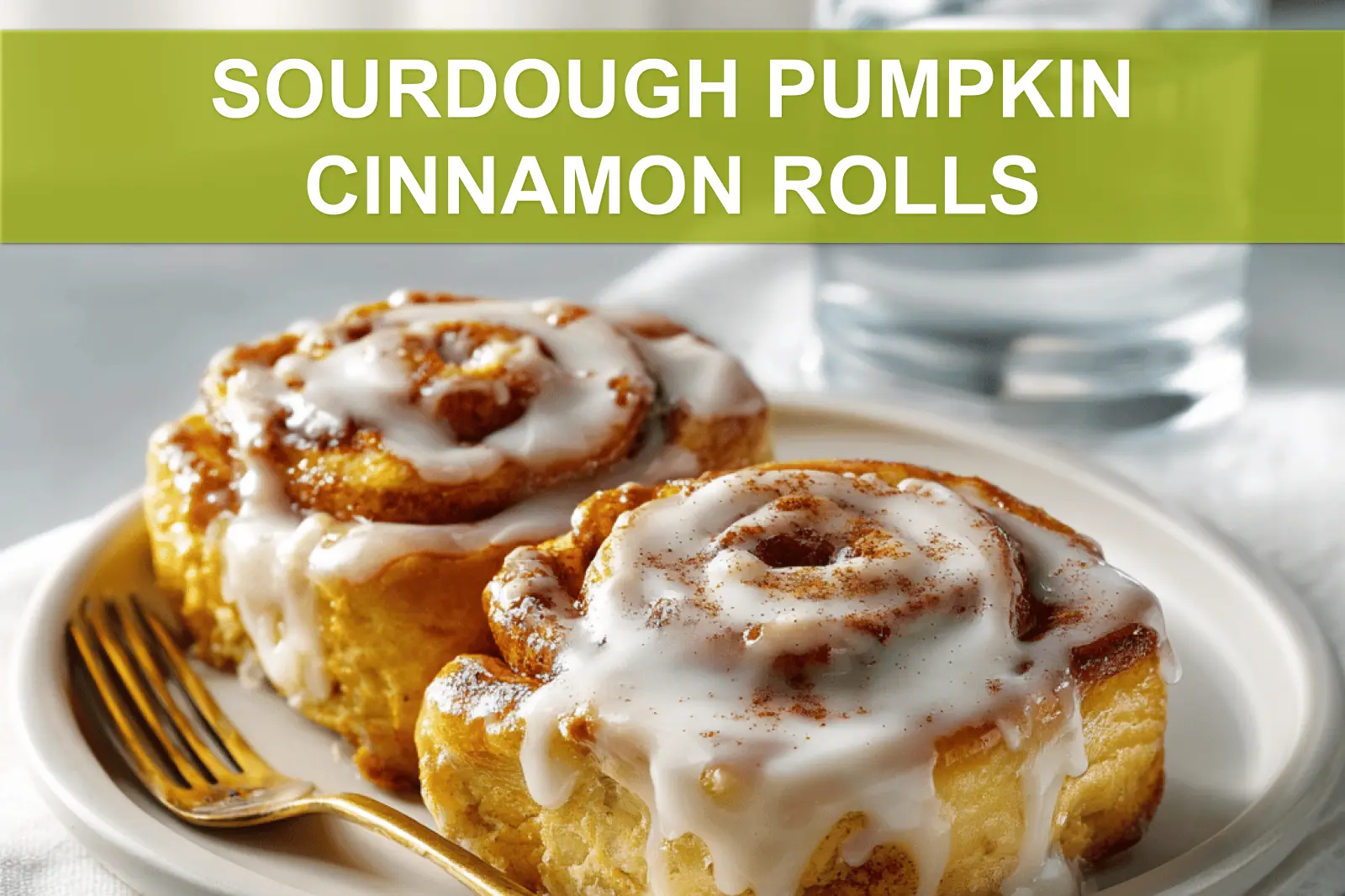 SOURDOUGH PUMPKIN CINNAMON ROLLS glazed rolls on white cloth with clear water glass