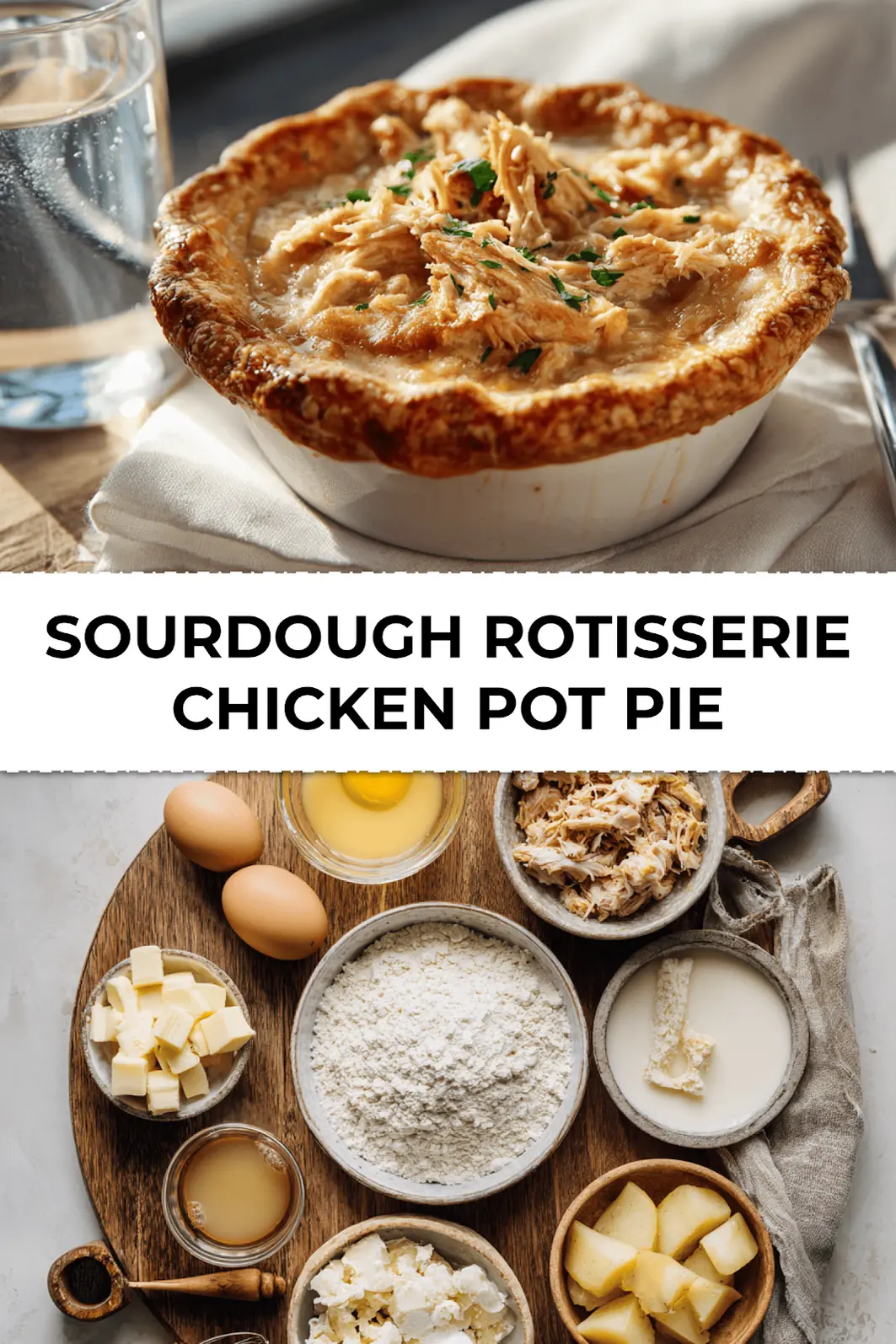 SOURDOUGH ROTISSERIE CHICKEN POT PIE with flaky golden sourdough crust and creamy chicken vegetable filling - social pin image