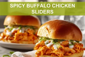 SPICY BUFFALO CHICKEN SLIDERS on slider buns with buffalo sauce melted cheese garlic butter