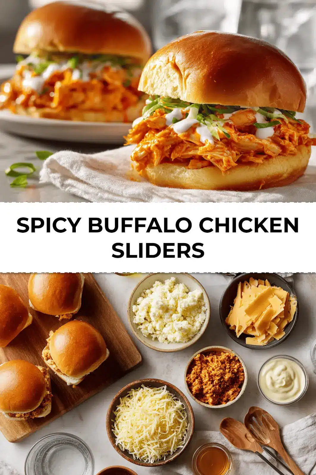 Golden baked spicy buffalo chicken sliders with cheese and garlic butter on a tray