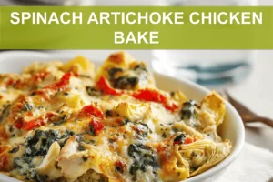 SPINACH ARTICHOKE CHICKEN BAKE finished casserole on white napkin with clear glass of water