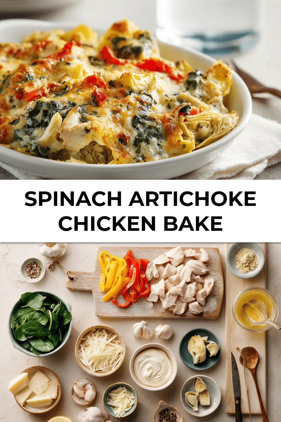 Overhead view of baked Spinach Artichoke Chicken Bake in white ceramic dish with fresh parsley and a serving spoon