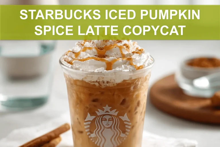 STARBUCKS ICED PUMPKIN SPICE LATTE COPYCAT glass with whipped topping cinnamon and caramel drizzle