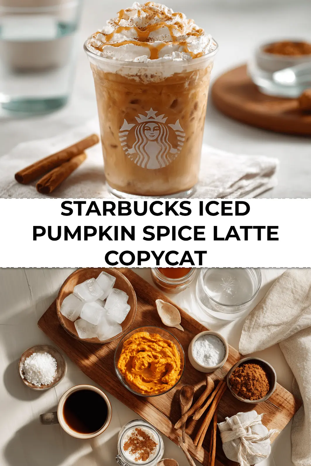 Starbucks Iced Pumpkin Spice Latte Copycat topped with whipped cream and cinnamon in a clear mason jar with fall leaves in the background