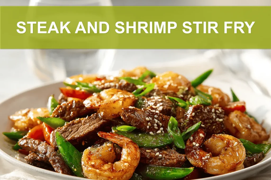 STEAK AND SHRIMP STIR FRY hero photo on white napkin warm natural light restaurant style
