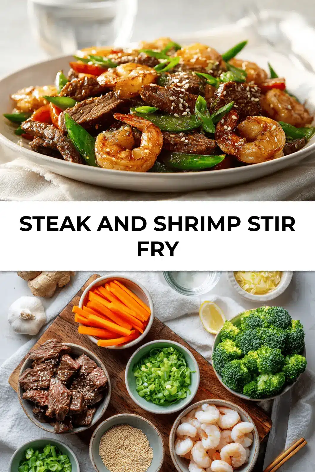 Plated steak and shrimp stir fry with rice on white napkin in warm natural light - ready to serve