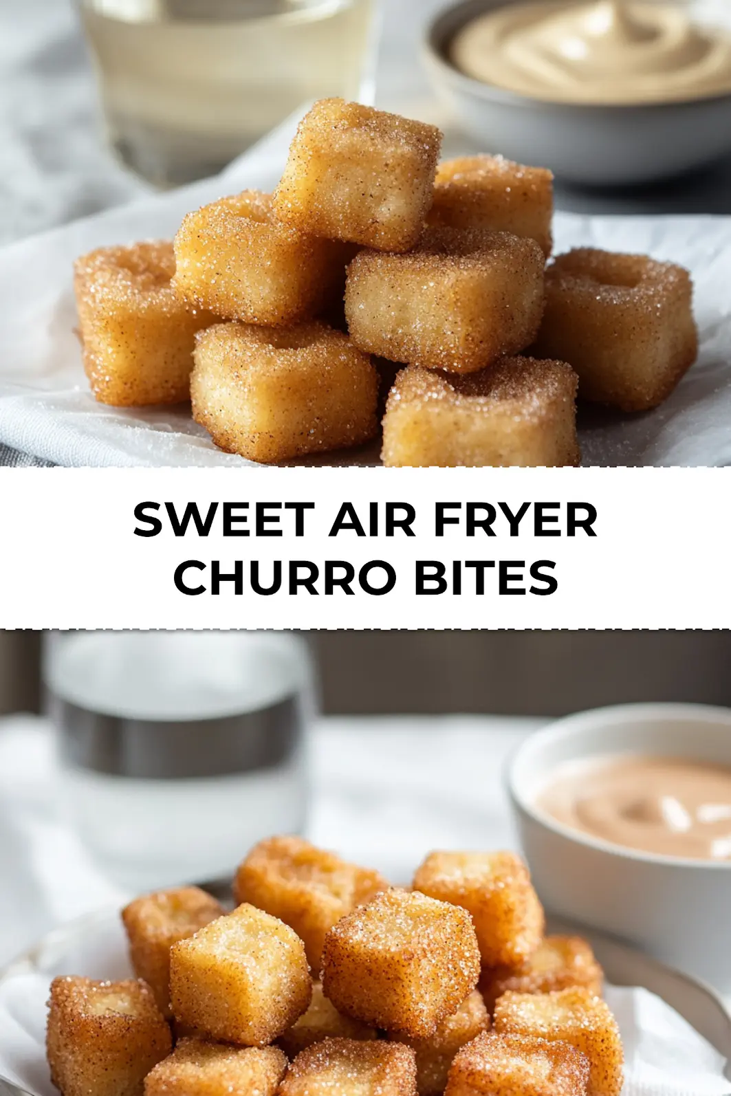 Sweet Air Fryer Churro Bites arranged on plate with cinnamon and sugar sprinkled, perfect easy dessert