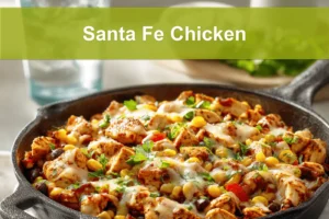 Santa Fe Chicken skillet with black beans corn melted cheese and fresh herbs in warm light