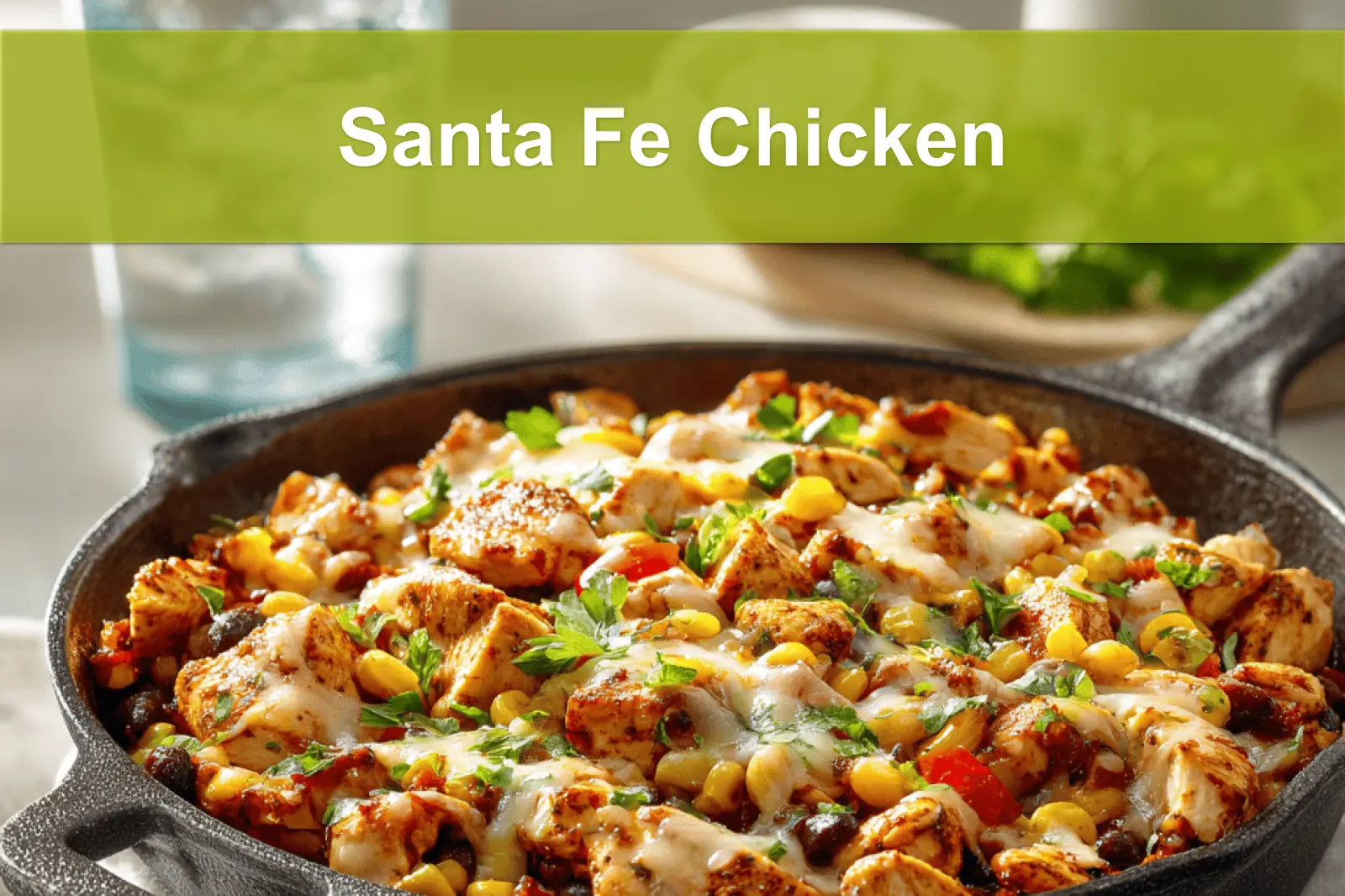 Santa Fe Chicken skillet with black beans corn melted cheese and fresh herbs in warm light