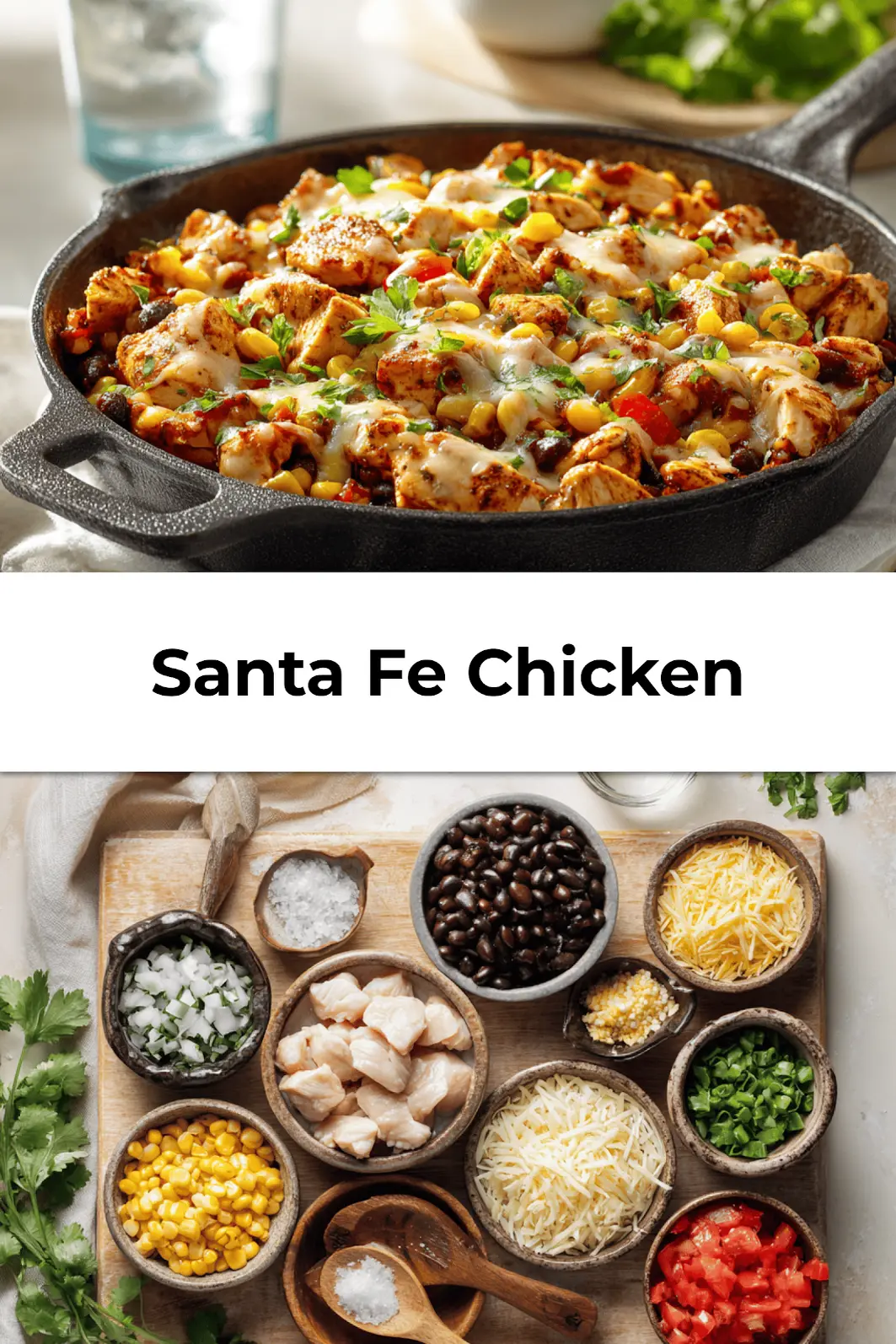 Serving of Santa Fe Chicken with melted cheese, beans, corn, and fresh herbs on a rustic skillet