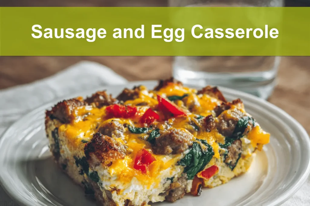 Sausage and Egg Casserole golden baked with cheddar peppers spinach on white napkin
