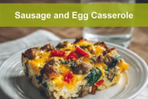 Sausage and Egg Casserole golden baked with cheddar peppers spinach on white napkin