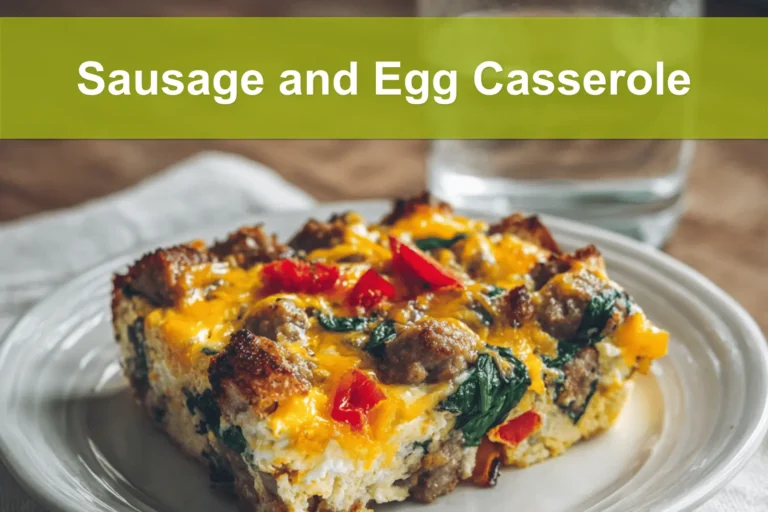 Sausage and Egg Casserole golden baked with cheddar peppers spinach on white napkin