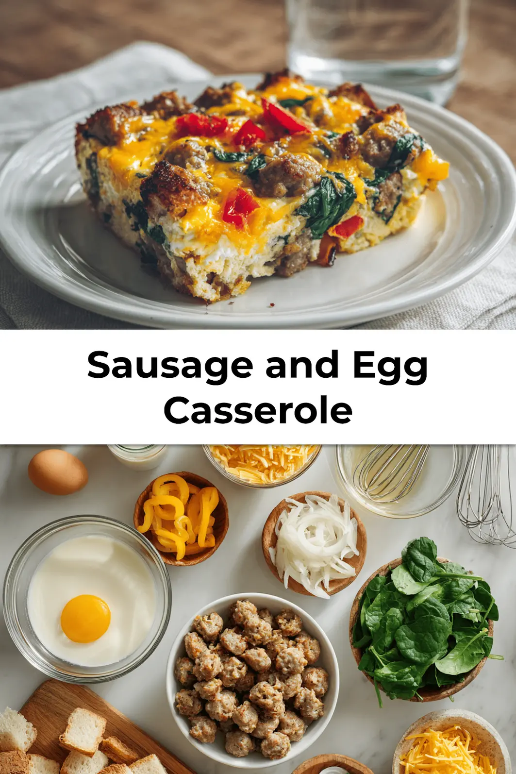 Close-up of sliced sausage and egg casserole with melted cheddar, red peppers, and wilted spinachperfect for brunch or holiday breakfast