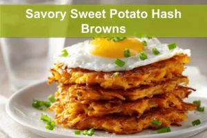 Savory Sweet Potato Hash Browns on white napkin with glass of water and golden crust