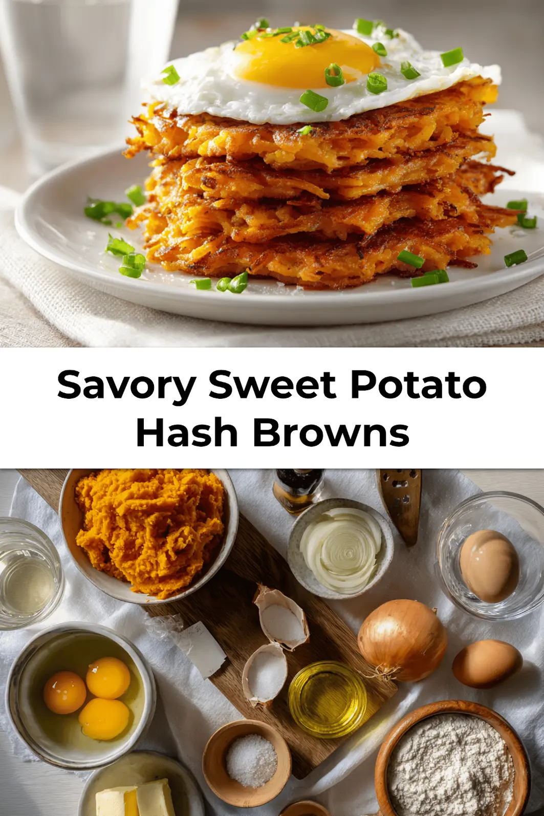 Savory sweet potato hash browns served on white napkin with crispy edges and sprigs of thyme for garnish