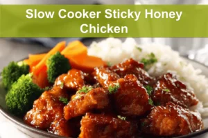 Slow Cooker Sticky Honey Chicken plated with white rice broccoli carrots on a white napkin beside water