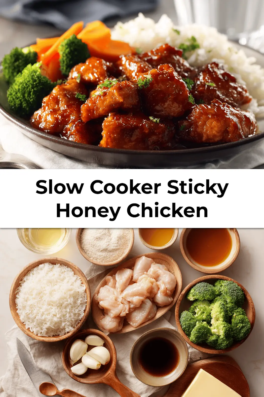 Plated Slow Cooker Sticky Honey Chicken on rice with broccoli and carrots, served beside a water glass on a white napkin